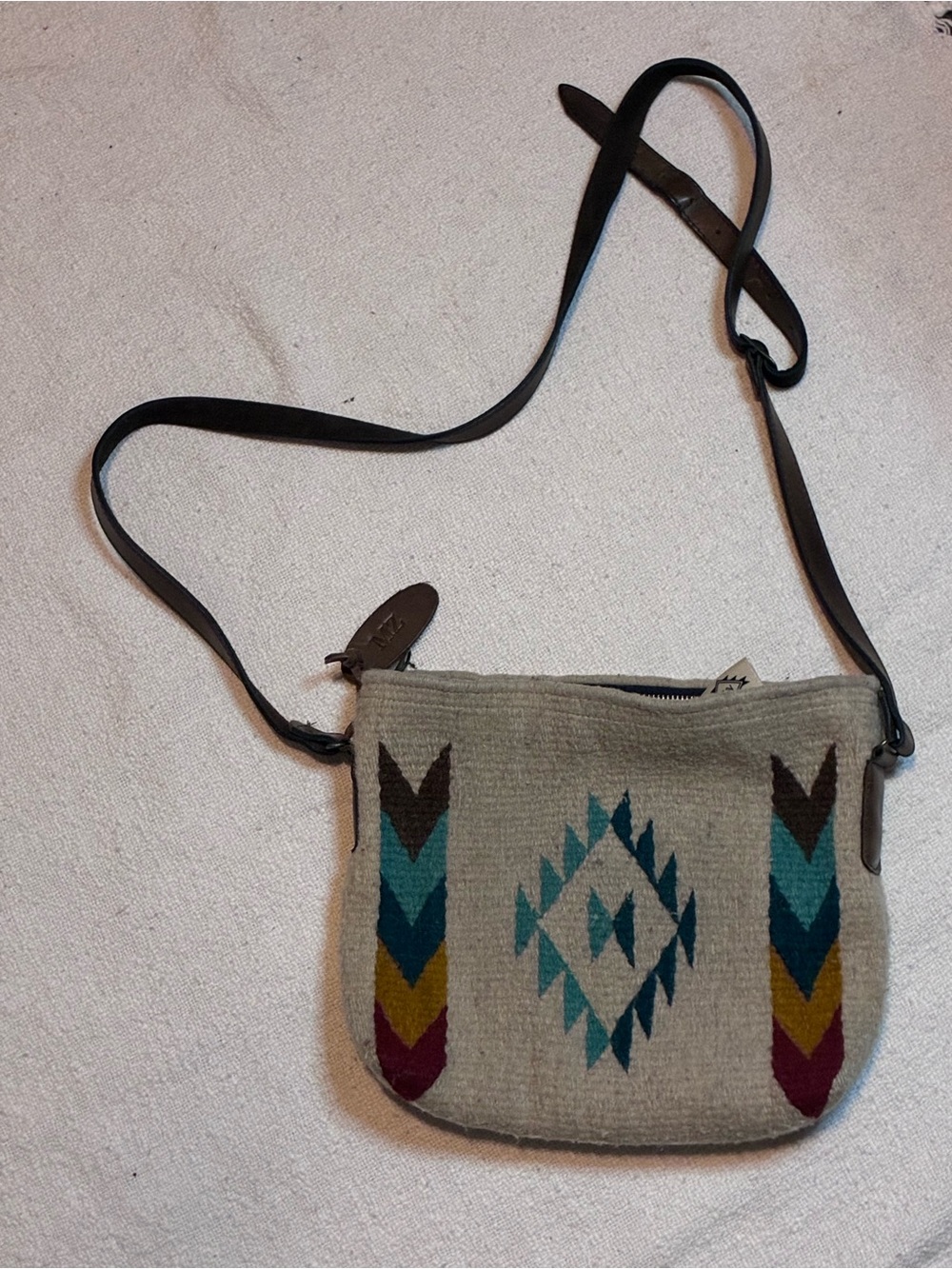 Handwoven Neutral Crossbody Bag with Teal & Mustard Accents